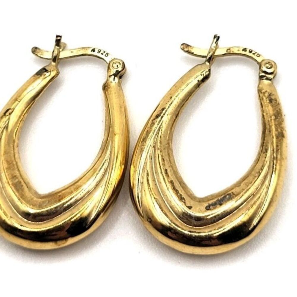 14k Vermeil Vintage 80s Hoop Earrings 1in - Picture 3 of 5